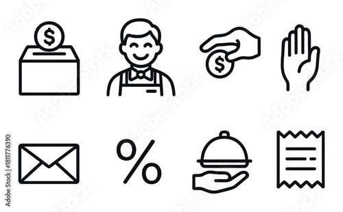 Charity, donation, and service icons: money, hand, smiling, serving, receipt, envelope, percentage