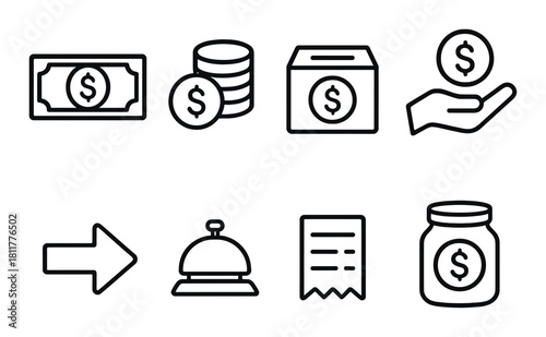 Monochrome financial icons: money, coins, box, hand, arrow, bell, receipt, jar