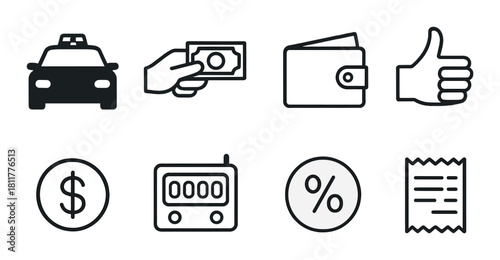 Taxi payment icons: cash, wallet, discount, receipt illustrations on black background