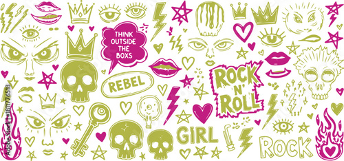 Hand Drawn Punk Rock Doodle Seamless Pattern Background with Skulls, Lips, Crowns, and Text isolated PNG with Transparent Background