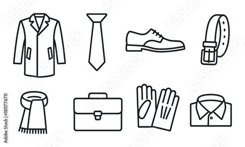 Stylish men's accessories: coat, tie, shoes, belt, scarf, briefcase, gloves, shirt