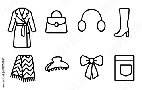 Outline of winter fashion accessories: coat, bag, boots, and seasonal essentials
