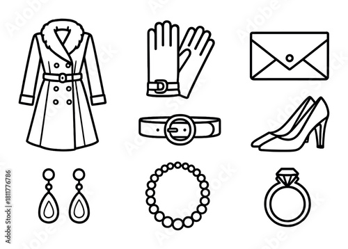 Chic winter fashion and accessories: coat, gloves, belt, earrings, necklace, ring, clutch, heels