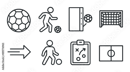 Soccer icons: ball, player, goal, strategy, field layout