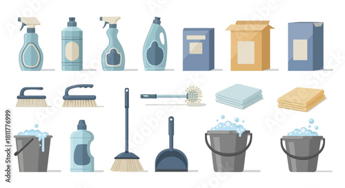 A comprehensive collection of household cleaning supplies and tools for domestic chores, illustrated in a flat vector style