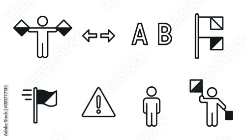 Black and white semaphore symbols and figures on dark background