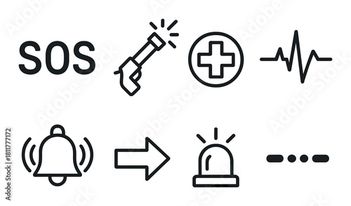 Emergency icons: sos, first aid, alarm, and morse code on black grid background