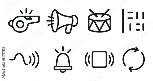 Outline icons set of whistle, megaphone, drum, barcode, sound wave, bell, square, refresh
