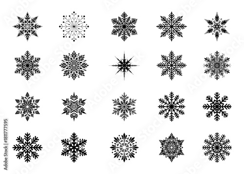 A detailed set of decorative snowflakes in a variety of intricate styles representing winter beauty, seasonal themes, holiday design and frosty festive patterns.