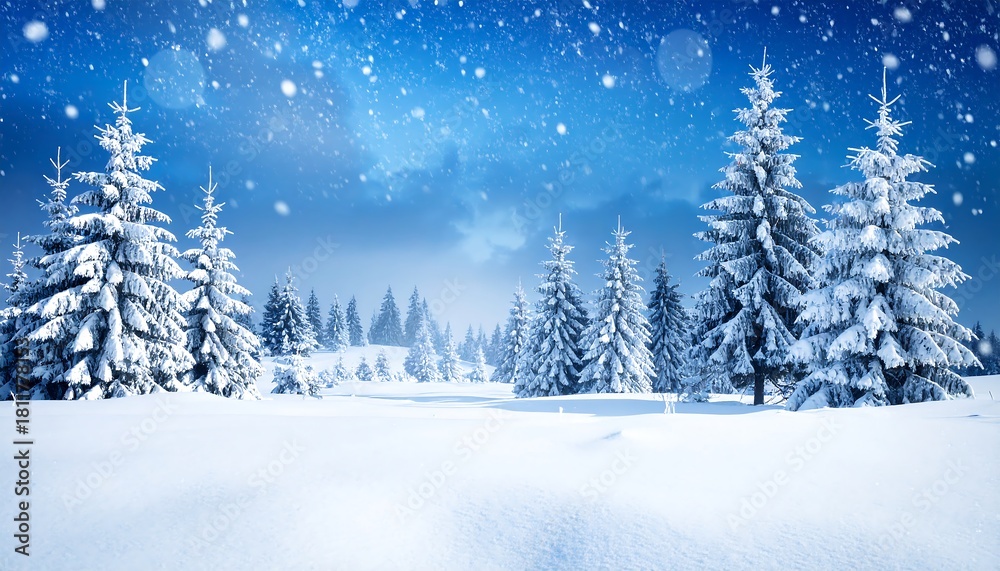 Fototapeta premium Winter landscape showcasing snow-covered evergreen trees under a starry, snowy sky. The scene evokes a serene, cold, and enchanting atmosphere