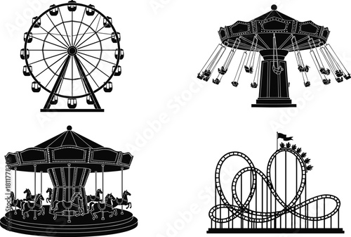 Amusement park ride vector silhouettes set featuring ferris wheel, carousel horse, chair swing, and roller coaster, isolated icons for summer carnival fairground design elements.