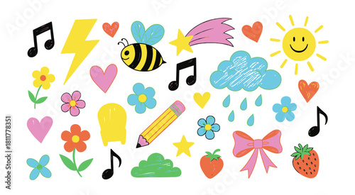Whimsical hand drawn elements collection cute bees flowers music notes hearts and sunshine