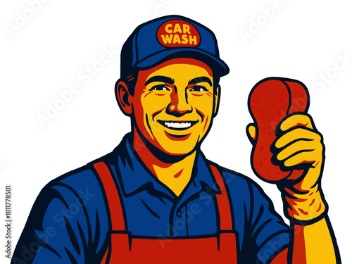 cheerful car wash employee holding a sponge, perfect for service, cleaning, and business themes. Generative ai vector colorful pop art illustration.