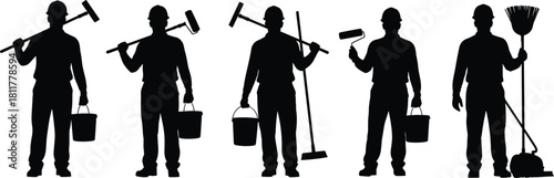 Black silhouette collection of professional industrial cleaners and construction workers wearing helmets holding cleaning tools like buckets and brooms on white background for service.