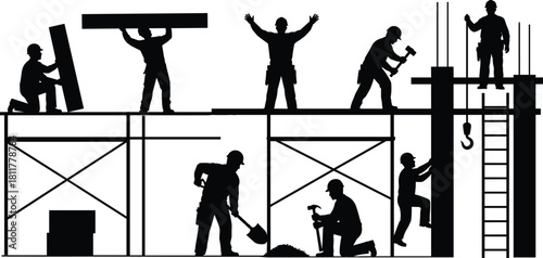 Black silhouette of construction workers team on scaffolding building site, industrial development concept, vector illustration for renovation, real estate, civil engineering