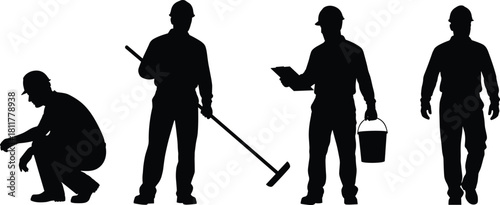 Black silhouettes of construction workers standing in a row, wearing hard hats, holding tools, crouching down, carrying buckets, isolated on white background for design.