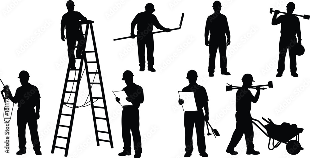 Obraz premium Collection of black construction worker silhouettes featuring men climbing ladders, holding blueprints, carrying tools, and pushing wheelbarrows isolated on white background for industrial design.