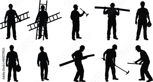 Collection of black construction worker silhouettes wearing hard hats, carrying ladders, hammers, and wooden beams, isolated on white background for industrial building design projects.
