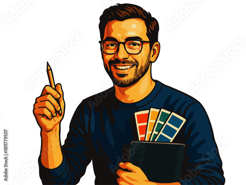 cheerful interior designer holding color samples and rolled blueprints, symbolizing creativity, planning, and home design. Generative ai vector colorful pop art illustration.