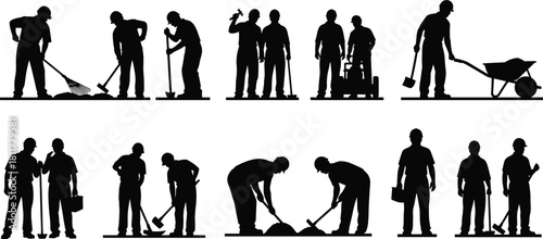 Construction worker silhouettes set, men working on road repair, building industry laborers, vector illustration collection of manual labor, engineering team with tools and equipment.
