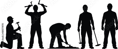 Construction workers silhouettes set, men wearing hard hats holding tools, hammering, digging, and standing, vector illustration isolated on white background for industrial design projects.