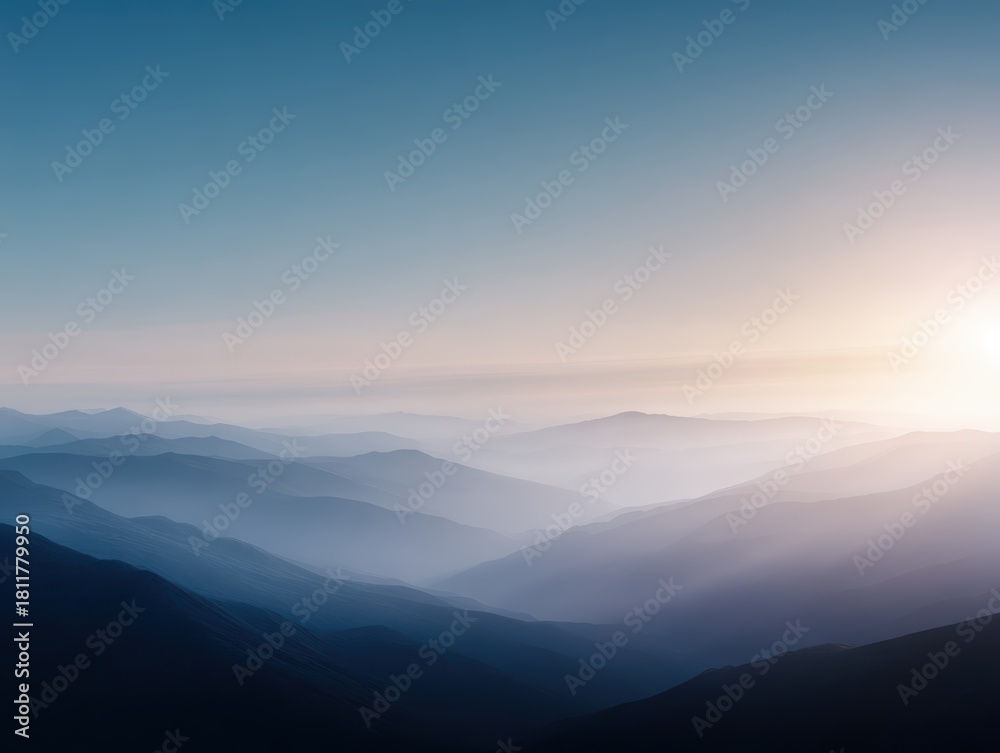 Fototapeta premium mountain landscape with sunrise and misty valleys, wide angle, cool futuristic blues, advertising mood, golden hour tone, ample space for text, ideal for commercial use