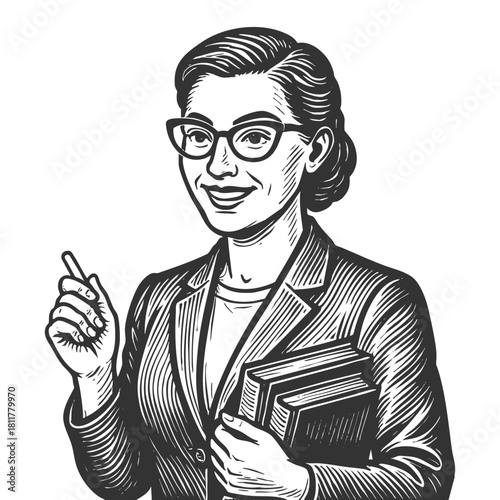 smiling female teacher with books and a raised finger, symbolizing education and knowledge sketch engraving generative ai fictional character vector illustration. Scratch board. Black and white image.