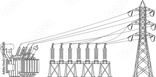 High voltage power station vector illustration, electrical transformer, ceramic insulators, transmission tower, industrial energy grid concept, blue line art drawing