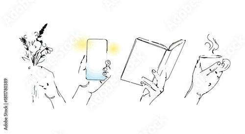Minimalist line art sketches of hands holding everyday life objects, book, phone, and coffee isolated on Transparent Background