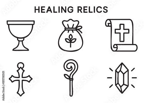 Collection of black and white line art icons representing healing relics for fantasy or religious themes, including a chalice, cross, staff, crystal, scroll, and pouch