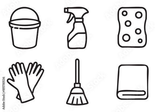 Set of six cleaning supply icons including a bucket, spray bottle, sponge, gloves, broom, and cloth, rendered in a simple black outline style