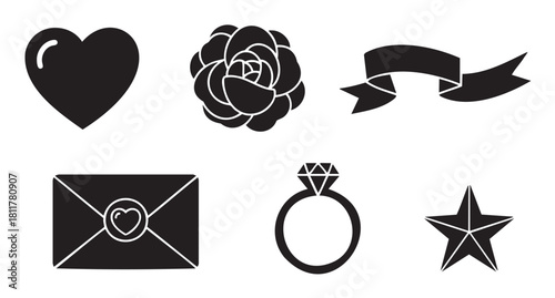 Collection of black silhouette icons representing love and celebration, including a heart, rose, ribbon, love letter, diamond ring, and star