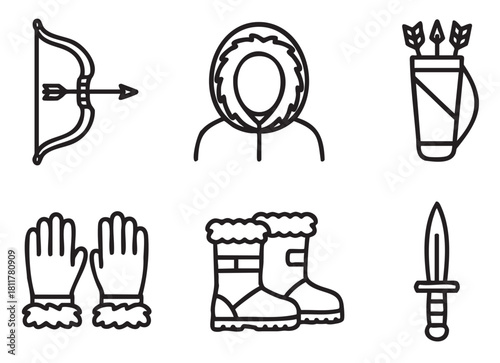 Minimalist black outline icon set for arctic hunting and survival themes, featuring a bow, arrow, hooded parka, quiver, fur-lined boots, gloves, and a knife
