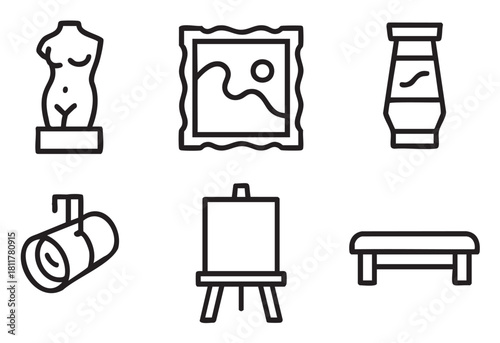 Minimalist black line icon set featuring art museum and gallery elements, including a classical torso sculpture, framed painting, easel, spotlight, paint tube, and bench