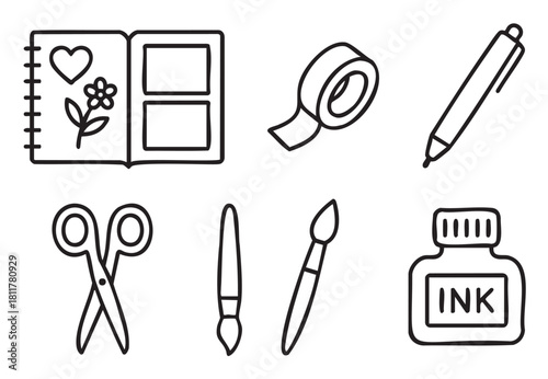 Set of hand-drawn doodle icons representing scrapbooking and art supplies, including a journal, pen, scissors, tape, paintbrushes, and an ink bottle