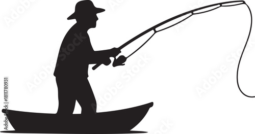 black silhouette of fisherman on white background, vecto
