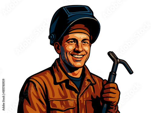 happy welder wearing a helmet and holding a welding torch, representing skilled trades and industrial work. Generative ai vector colorful pop art illustration.