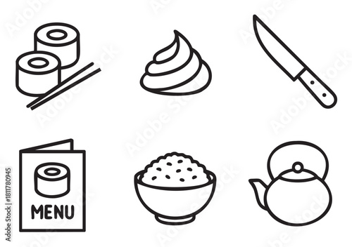 Set of minimalist doodle-style icons for an Asian restaurant, featuring sushi rolls, wasabi, a knife, a menu, rice, and a teapot, presented as simple black line drawings