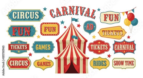 Vibrant Vintage Circus and Carnival Fairground Elements Collection for Festive Event Design and Amusement Themes