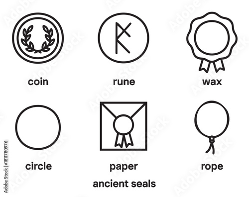 Collection of minimalist black line art icons representing various ancient seals, including a coin, rune, wax stamp, and sealed paper