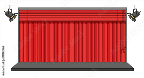 Theater stage illustration with red curtains, spotlights, and a simple design for a performance