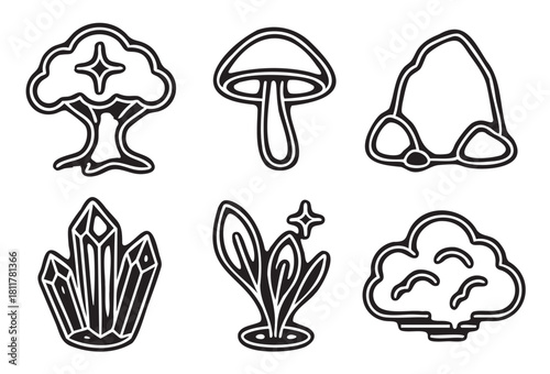 Collection of magical nature elements in a bold black and white illustrative style, featuring a fantasy tree, mushroom, rock, crystal, plant, and bush