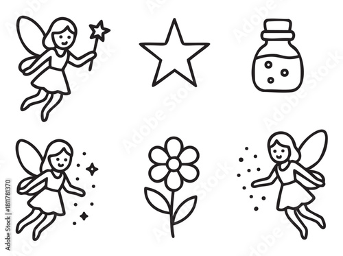 Charming set of hand-drawn fairy tale icons featuring cute fairies, a magic wand, a star, a potion bottle, and a flower in a simple black and white line art style