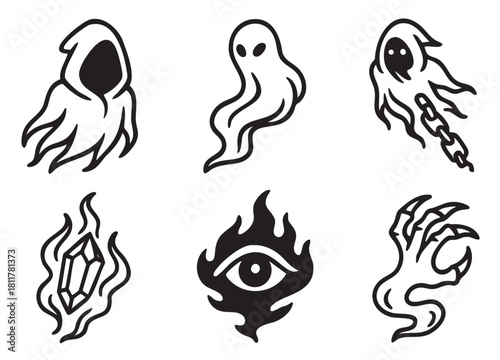 Collection of spooky icons featuring ghosts, a grim reaper, a flaming eye, and a magic crystal in a bold black and white graphic tattoo style