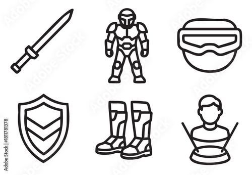Set of black line icons for a video game or science fiction theme, including a futuristic soldier, sword, shield, boots, visor, and a player avatar
