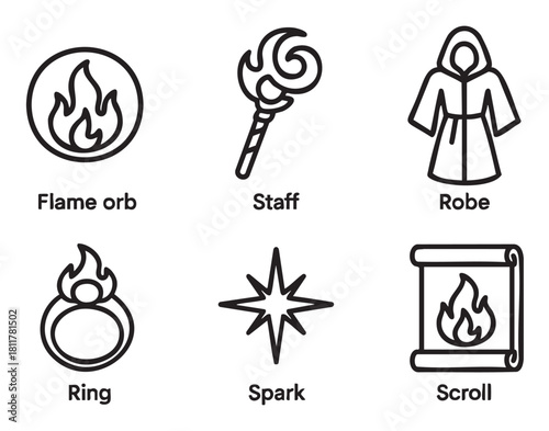 Set of black and white line art icons for a fantasy role-playing game, featuring a flame orb, magic staff, hooded robe, fire ring, spark, and a spell scroll