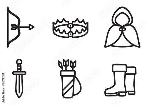 Set of black and white line art icons representing medieval hunter or ranger equipment, including a bow, arrow, trap, cloak, sword, and boots