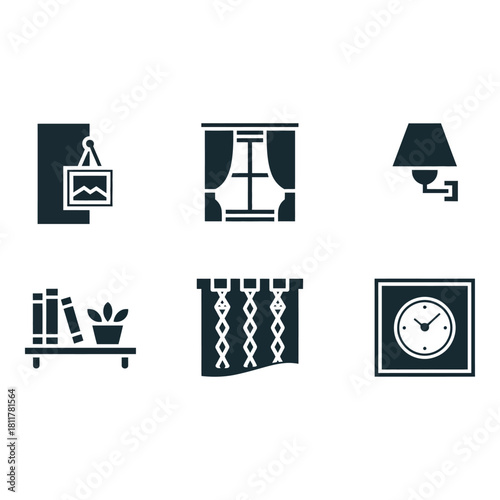 Collection of home interior design elements and decor icons