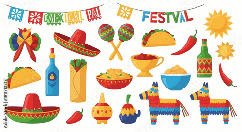 Colorful Mexican Fiesta Celebration Graphics Set Featuring Traditional Food, Beverages, Piñatas, and Cultural Symbols for Festive Design Projects
