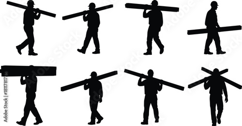 Vector silhouette set of construction workers carrying wooden planks on shoulders, male builders walking and standing with lumber, isolated illustration for industrial work concepts.